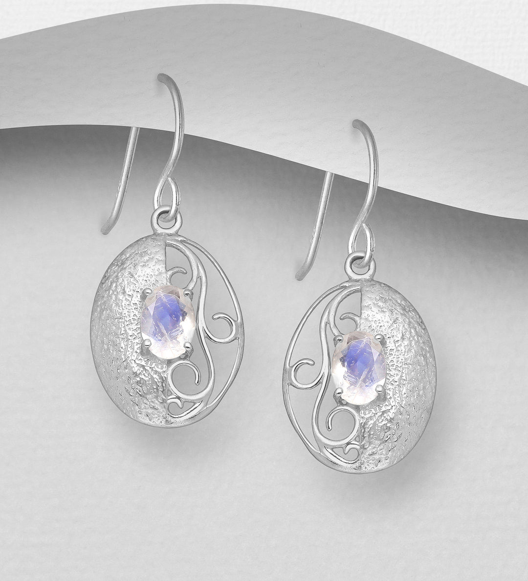 Rainbow Moonstone Textured Silver Earrings