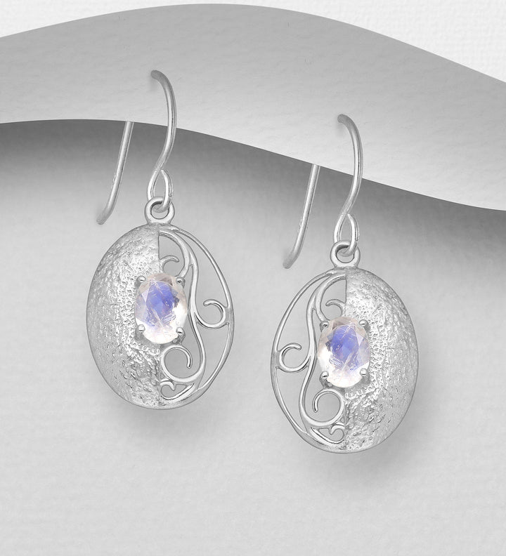 Rainbow Moonstone Textured Silver Earrings