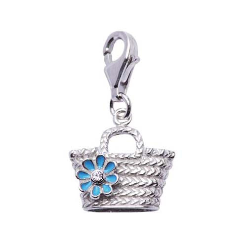 Sterling Silver Bucket Tote Charm with Blue Enamel Flower - SilverAndGold.com Silver And Gold
