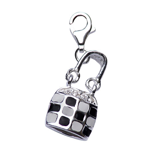 Sterling Silver and Checkered Enamel Tote Bag Charm - SilverAndGold.com Silver And Gold