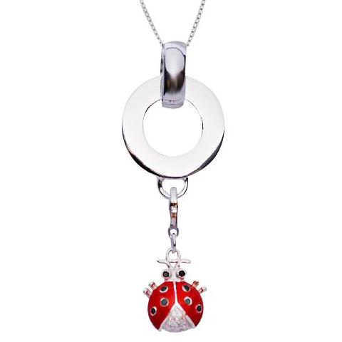 Crystal Gemstone Red and Black Enamel Ladybug Sterling Silver Pendant - SilverAndGold.com Silver And Gold