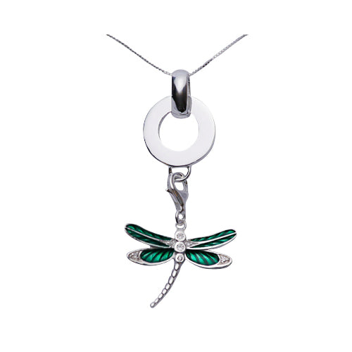 Sterling and Green Enamel Dragonfly Sterling Silver Pendant Necklace - SilverAndGold.com Silver And Gold