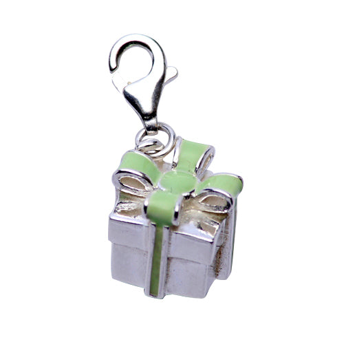 Sterling Silver Gift Box Charm with Mint Green Enamel Ribbon Detail - SilverAndGold.com Silver And Gold
