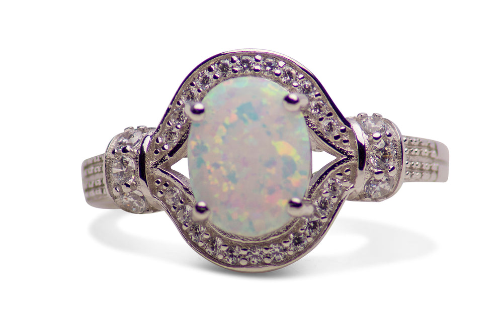 1.9 Carat Stunning Oval Lab Created White Opal Ring with CZ Sterling