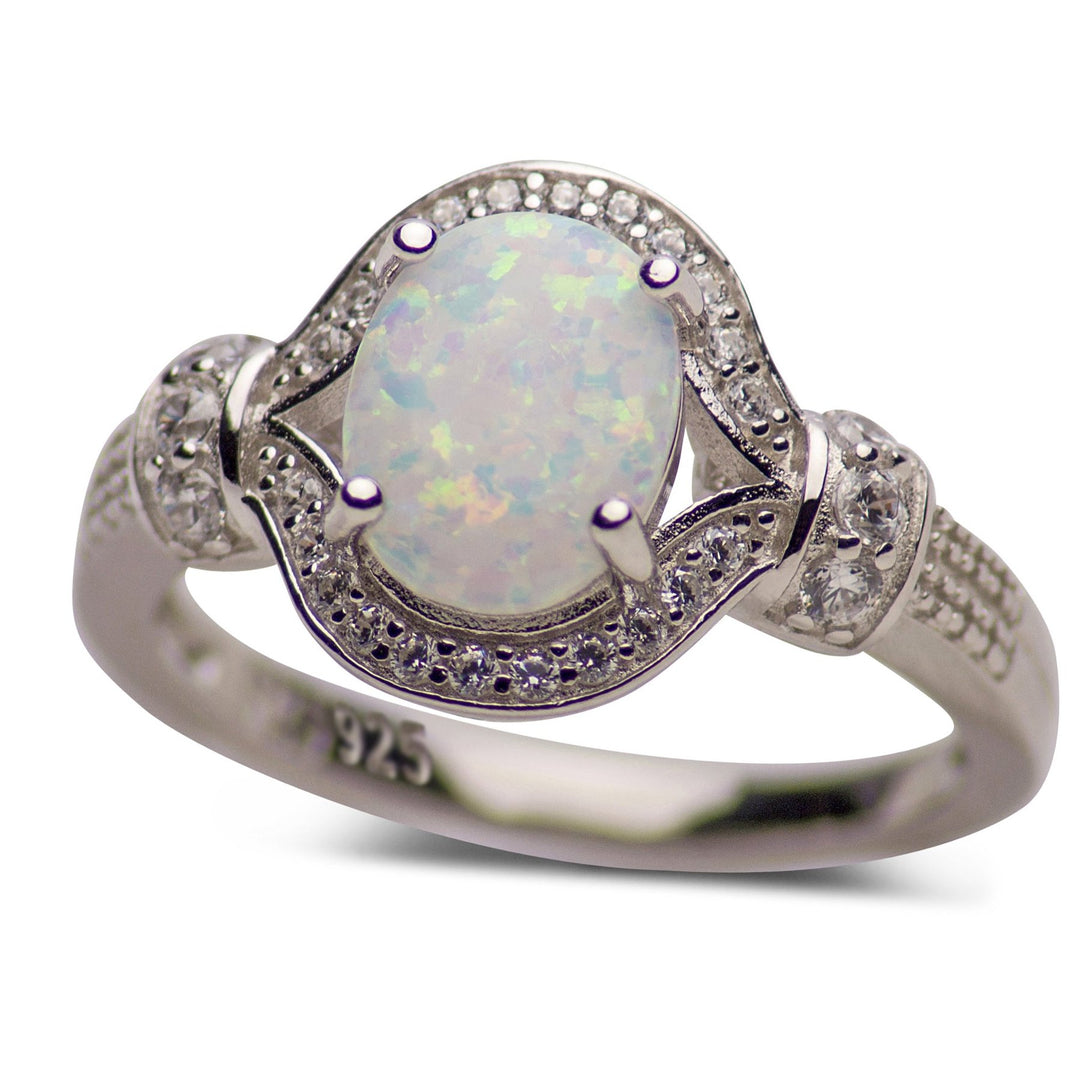 1.9 Carat Stunning Oval Lab Created White Opal Ring with CZ Sterling