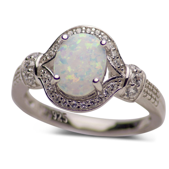 1.9 Carat Stunning Oval Lab Created White Opal Ring with CZ Sterling