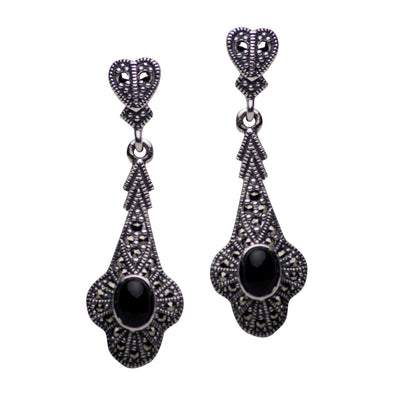 Marcasite & Onyx Sterling Silver Heart Earrings | SilverAndGold