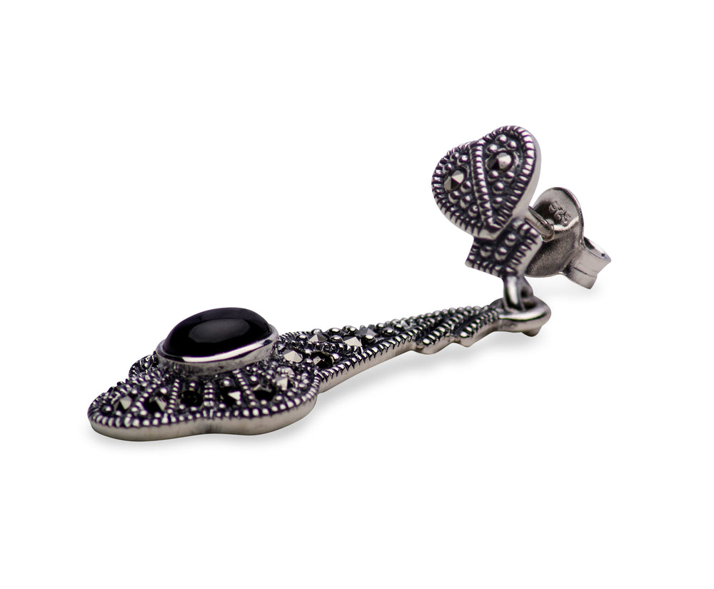 Marcasite & Onyx Sterling Silver Heart Earrings | SilverAndGold