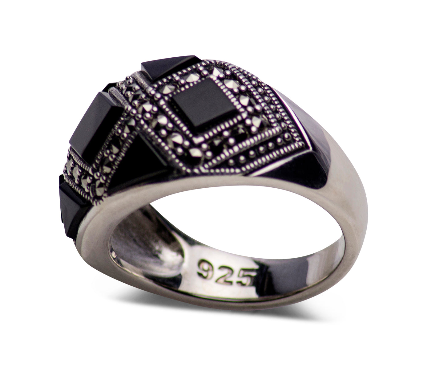 Sterling Silver, Black Onyx and Marcasite Pattern Ring