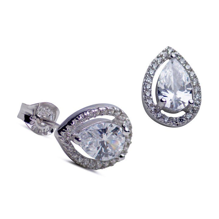 Halo Pear Cubic Zirconia Stud Earrings | SilverAndGold