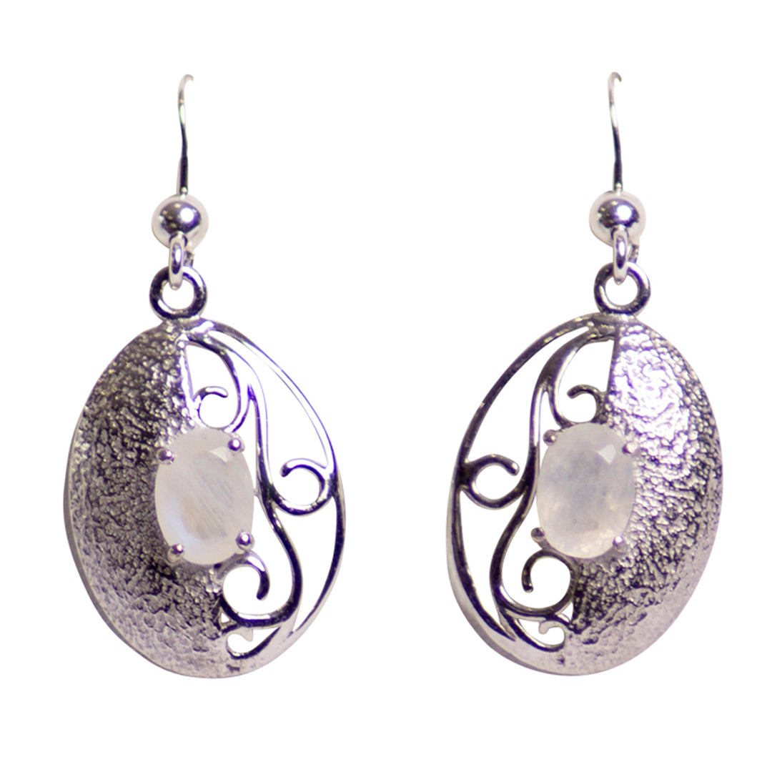 Rainbow Moonstone Textured Silver Earrings