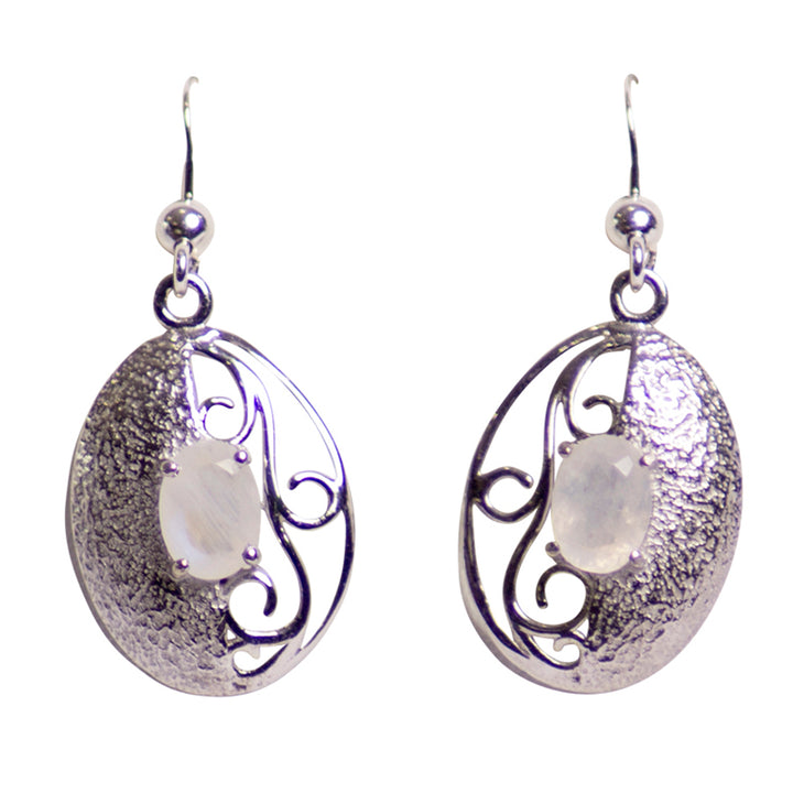 Rainbow Moonstone Textured Silver Earrings