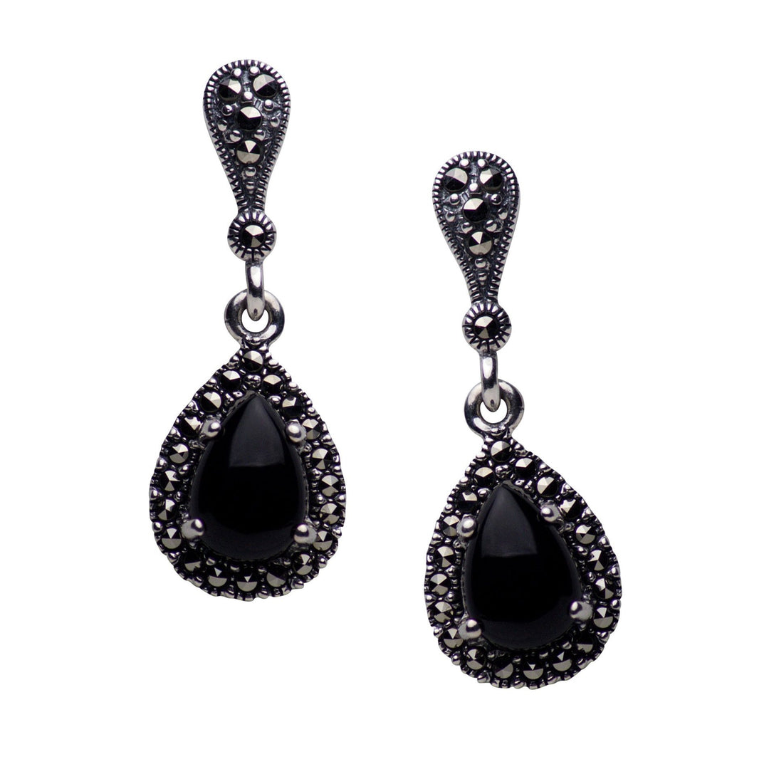 Created Black Onyx & Marcasite Teardrop Earrings | SilverAndGold