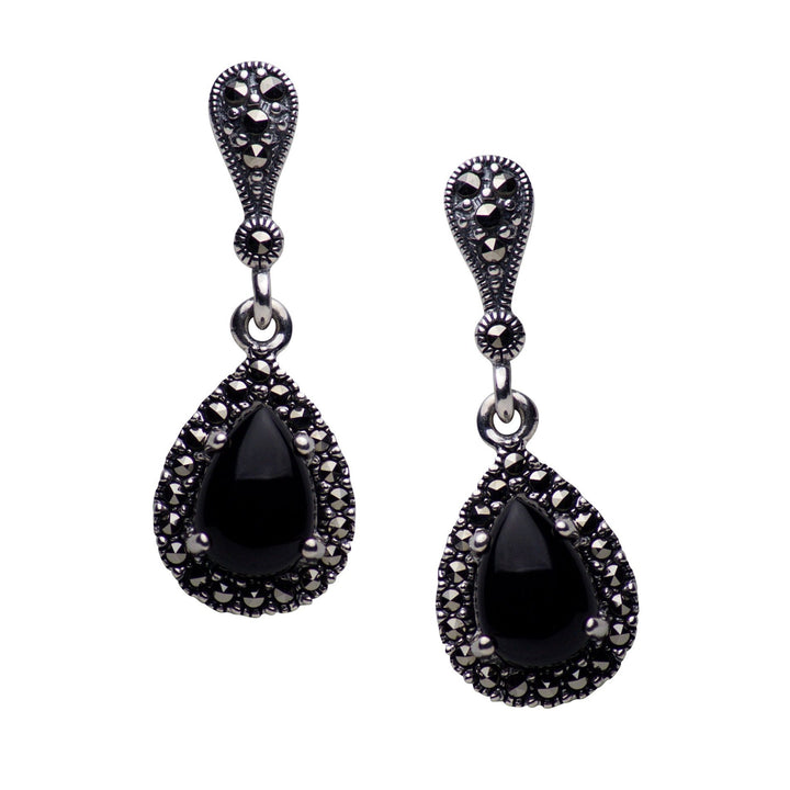 Created Black Onyx & Marcasite Teardrop Earrings | SilverAndGold