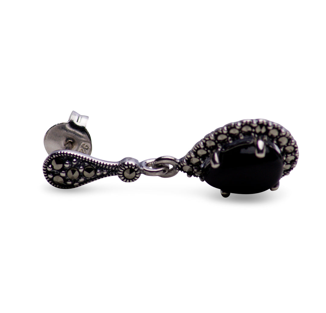 Created Black Onyx & Marcasite Teardrop Earrings | SilverAndGold