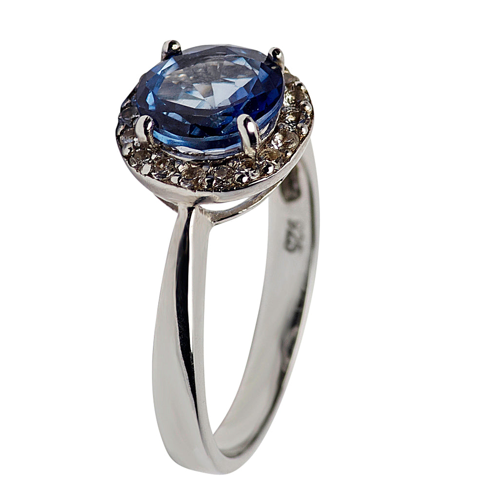 Created Blue Sapphire Halo Sterling Silver Ring | SilverAndGold