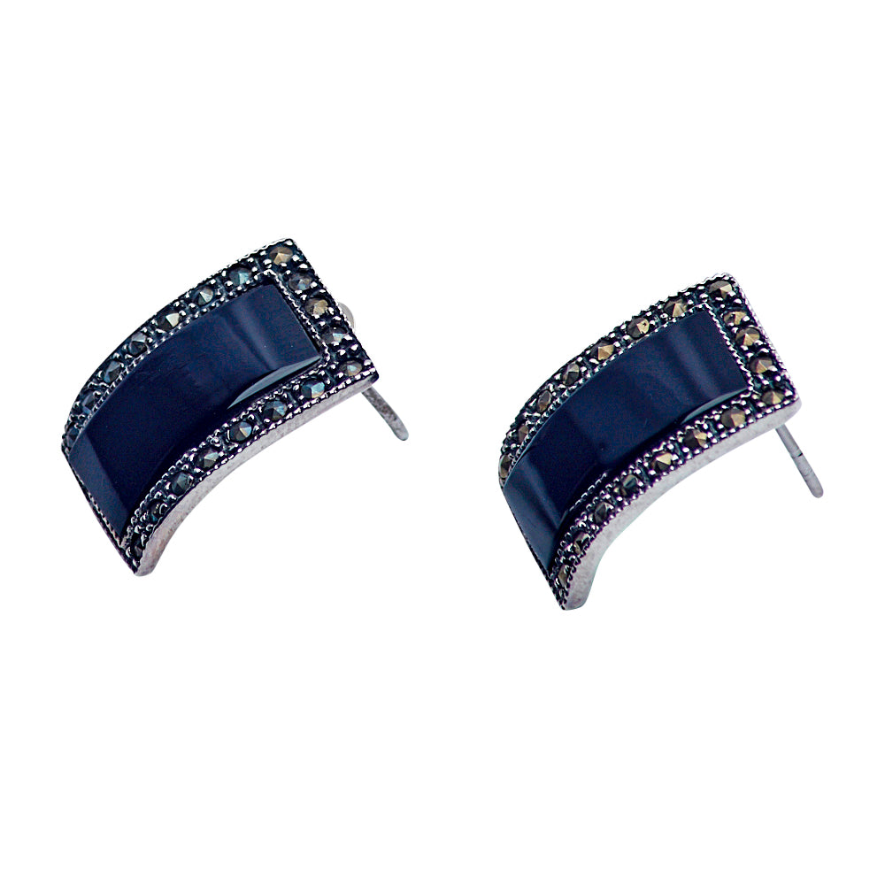 Black Onyx & Marcasite Silver Drop Earrings | SilverAndGold