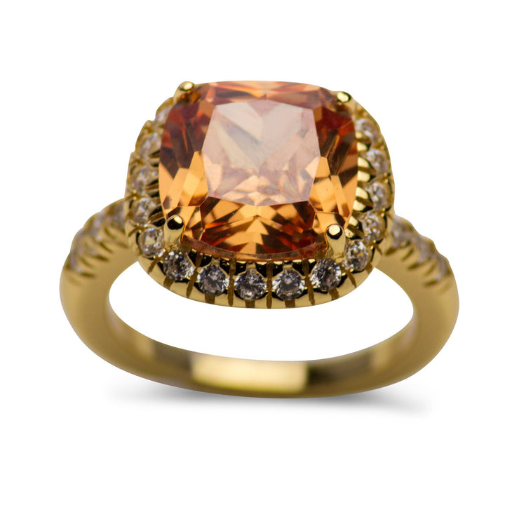 Sterling Silver Gold Plated Halo Cushion Cut Champagne CZ Ring