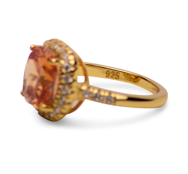 Sterling Silver Gold Plated Halo Cushion Cut Champagne CZ Ring