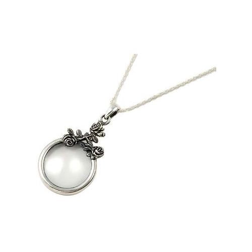 Sterling Silver & Roses Magnifying Glass Pendant Necklace - SilverAndGold.com Silver And Gold