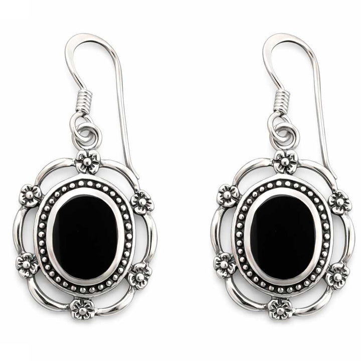 Sterling Silver Black Onyx Dangle Earrings – 0.85 Inch Drop Vintage Style Onyx Earrings