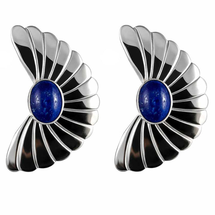 Sterling Silver Lapis Lazuli Fan Earrings .925 Silver Blue Lapis Statement Earrings 1.5" x 1"