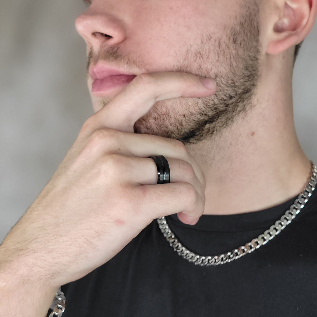 Tungsten Beveled Edges Black Ring