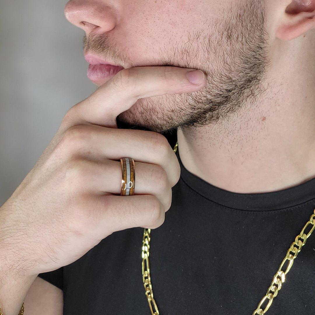 14K Rose Gold and Tungstun Whisky Wood Deer Antler Inlay Ring