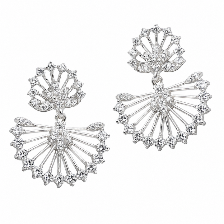 Rhodium-Plated Sterling Silver Fan Dangle Earrings with Sparkling Diamond Simulants – 0.90 Inch Drop