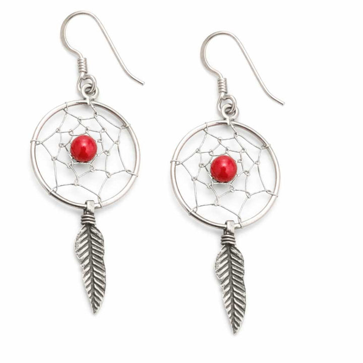 Sterling Silver Dreamcatcher Earrings with Red Simulated Coral – 1.5" Drop