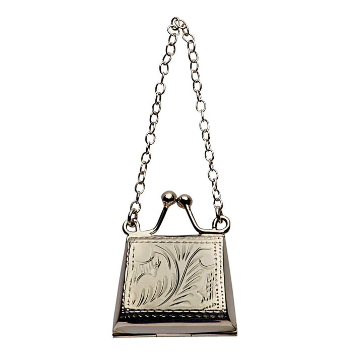 Glamorous Sterling Silver Purse-Shaped Earring Holder with Movable Chain and Opening Clasp – Luxury Wedding Guest Table Favor – 2 Inches