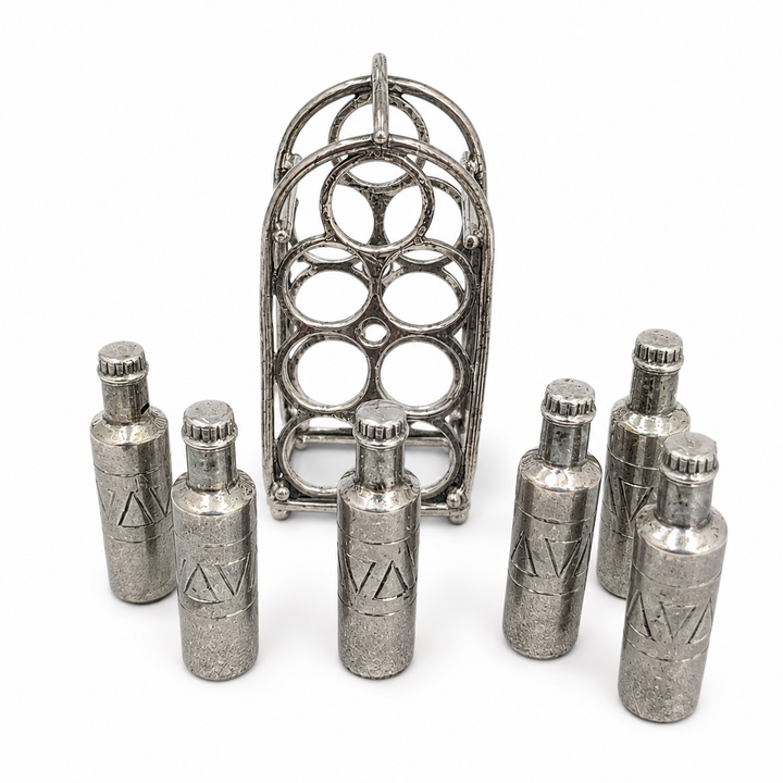 Sterling Silver Miniature Wine Rack with 7 Wine Bottles – 1.8 Inch Collectible