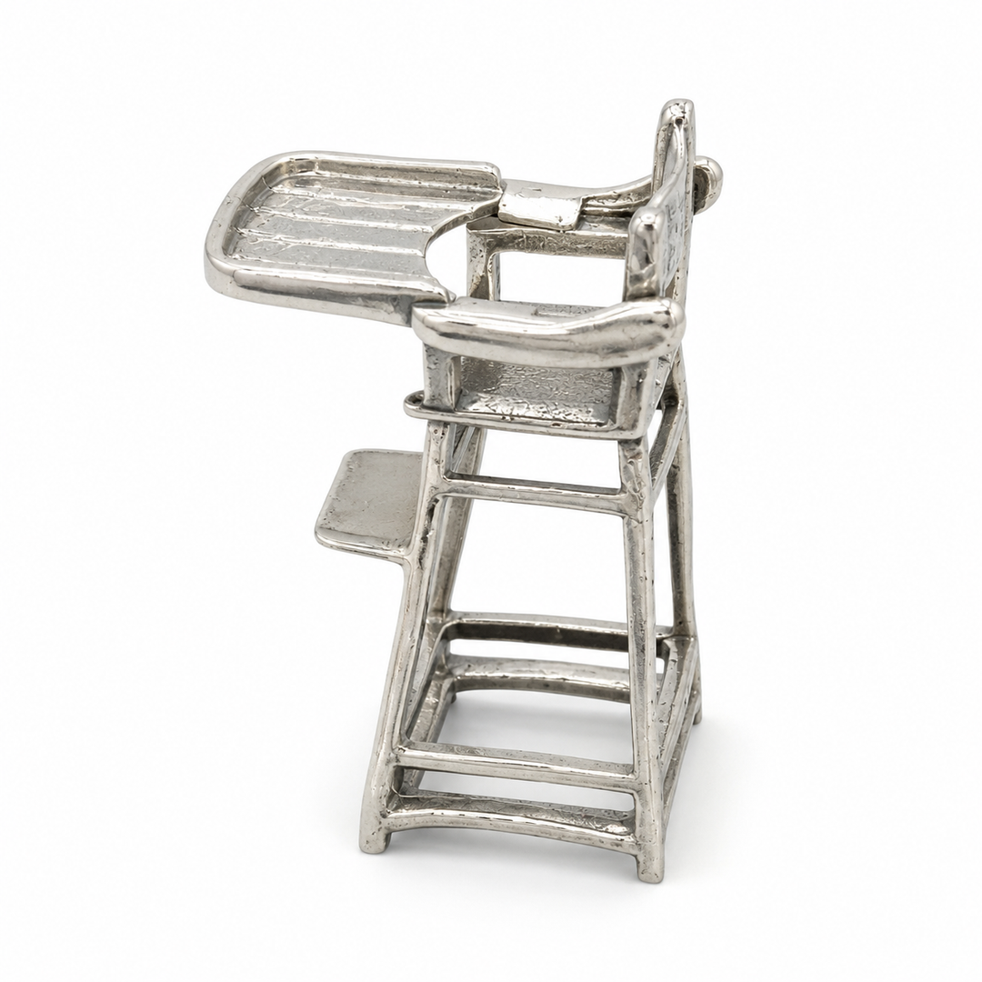 Sterling Silver Miniature Baby High Chair with Movable Tray – 1.85 Inch Collectible