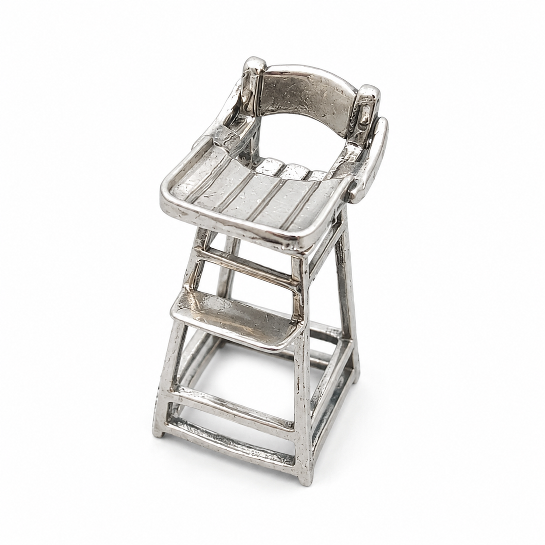 Sterling Silver Miniature Baby High Chair with Movable Tray – 1.85 Inch Collectible