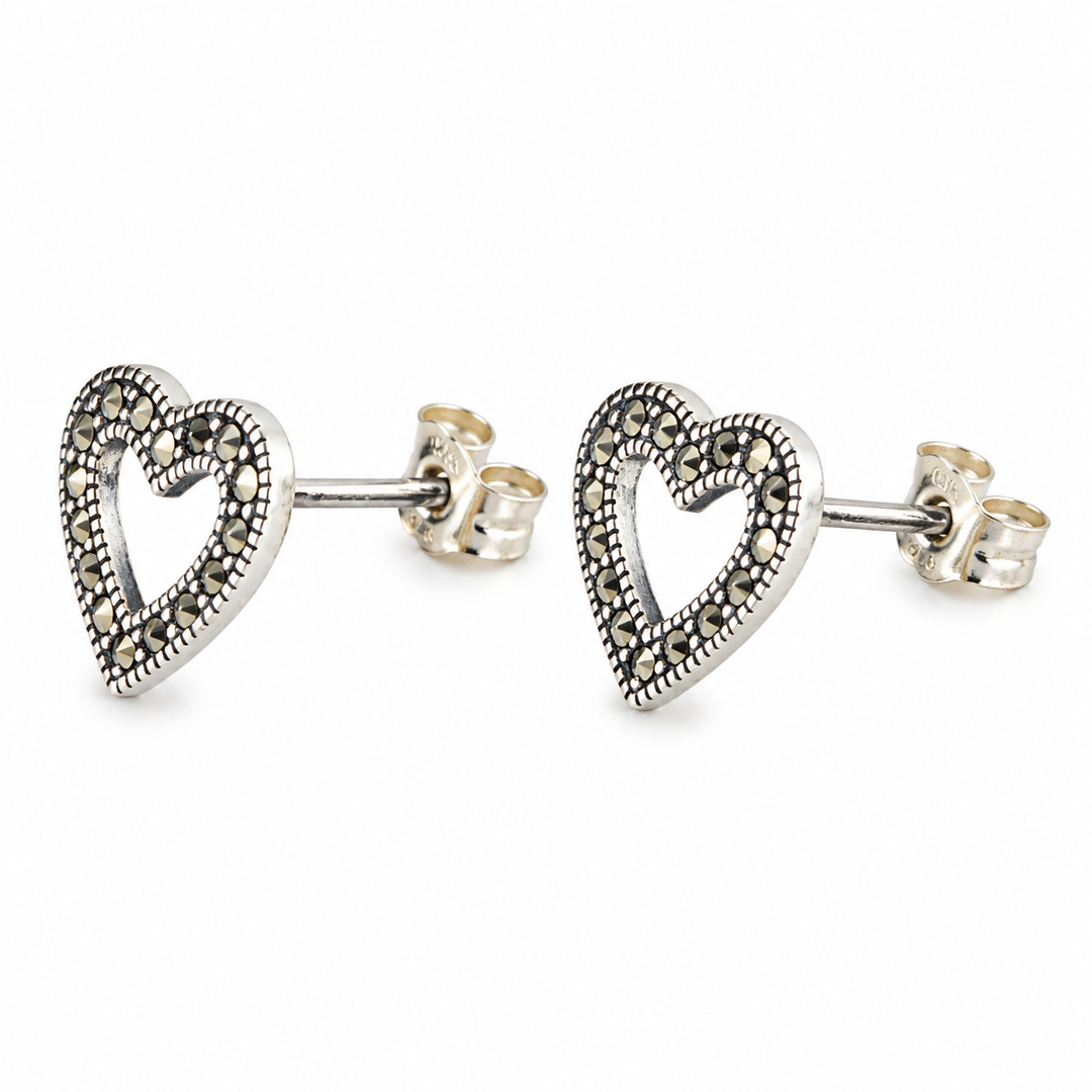925 Sterling Silver Marcasite Open Heart Stud Earrings – 0.4 Inch Vintage-Style Post Earrings