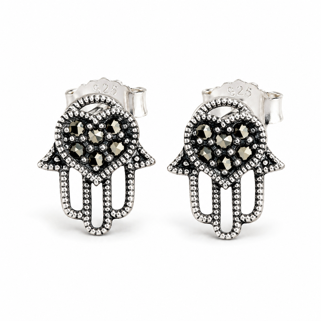 925 Sterling Silver Heart and Hand Marcasite Post Earrings – 0.4 Inch Hamsa Stud Earrings