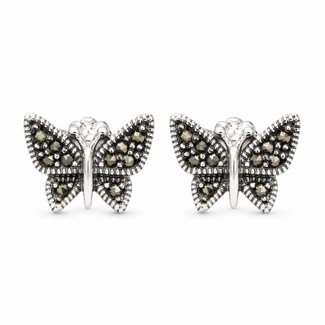 Sterling Silver Marcasite Butterfly Post Earrings – 0.4 Inch Petite Studs