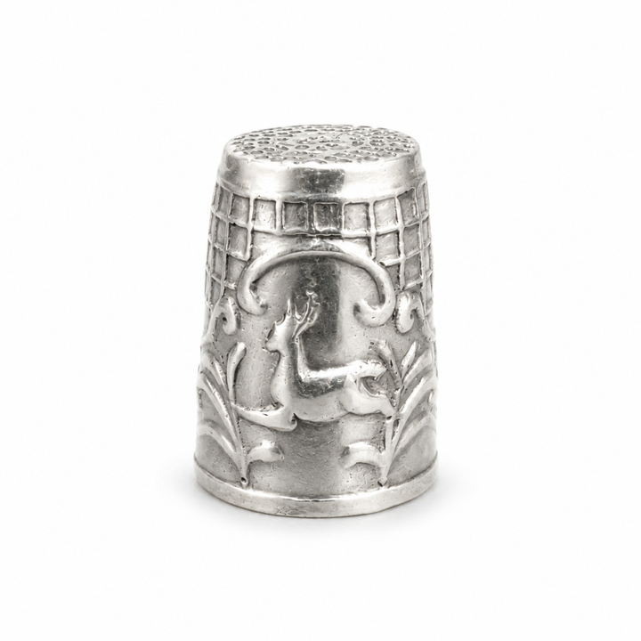 Victorian Style Sterling Silver Deer Thimble – Ornate Jumping Stag Design – Heavy 925 Silver Collectible – Nearly 1 Inch Tall