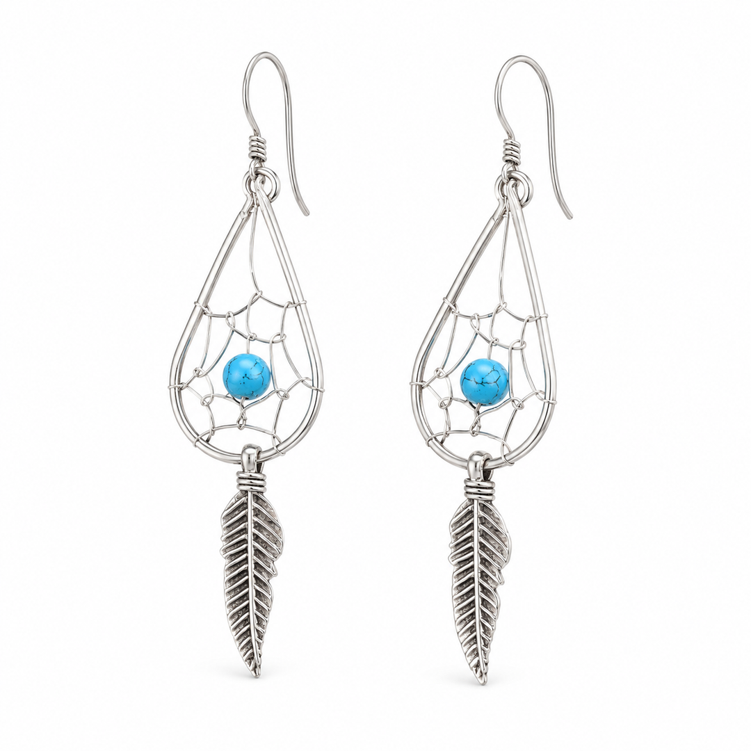 Simulated Turquoise Dreamcatcher Sterling Silver Dangle Earrings – 2 Inch Teardrop Feather Earrings