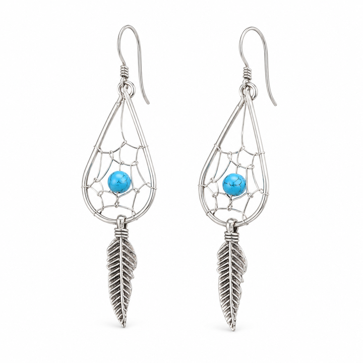 Simulated Turquoise Dreamcatcher Sterling Silver Dangle Earrings – 2 Inch Teardrop Feather Earrings
