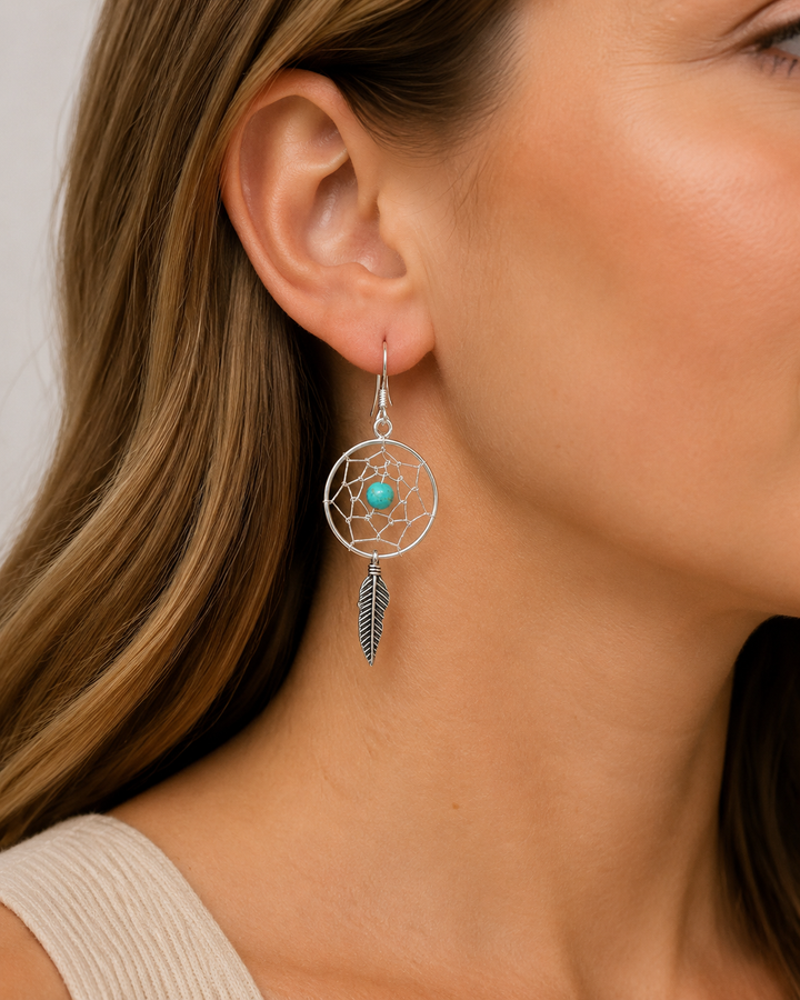 Simulated Turquoise Dreamcatcher Sterling Silver Dangle Earrings – 1.75 Inch Round Feather Earrings