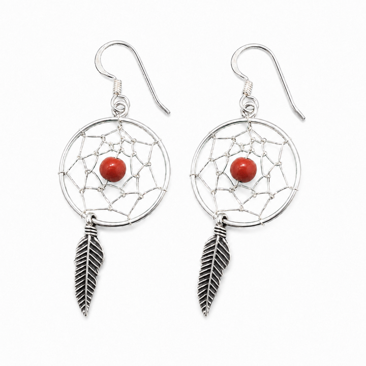 Simulated Red Coral Dreamcatcher Sterling Silver Dangle Earrings – 1.75 Inch Round Feather Earrings