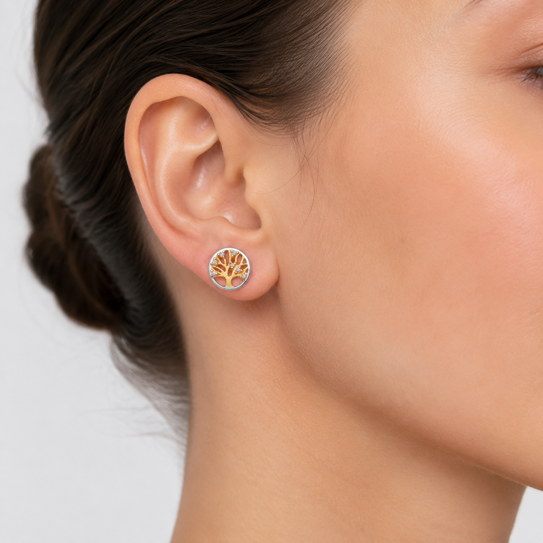 Two-Tone Tree of Life Stud Earrings – 14K Gold Over Sterling Silver and Rhodium Plated – 0.4 Inch