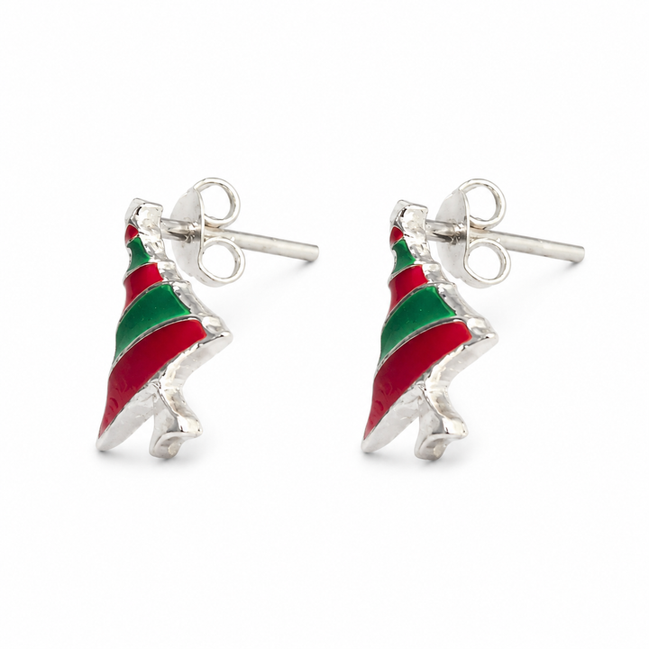 Sterling Silver Red and Green Enamel Christmas Tree Post Drop Earrings