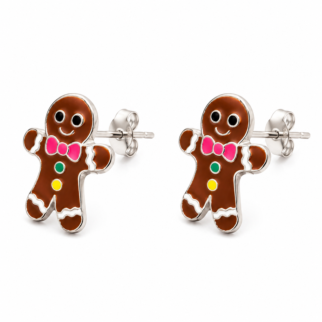 0.4 Inch Sterling Silver Enamel Gingerbread Man Christmas Post Earrings