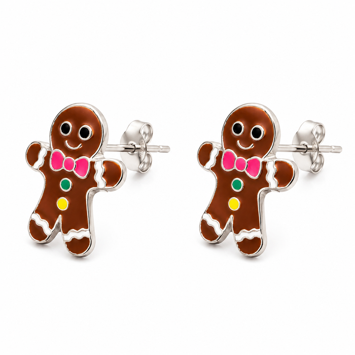 0.4 Inch Sterling Silver Enamel Gingerbread Man Christmas Post Earrings