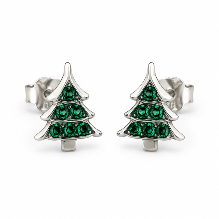 0.35 Inch Evergreen Sparkling Christmas Tree Sterling Silver Post Earrings