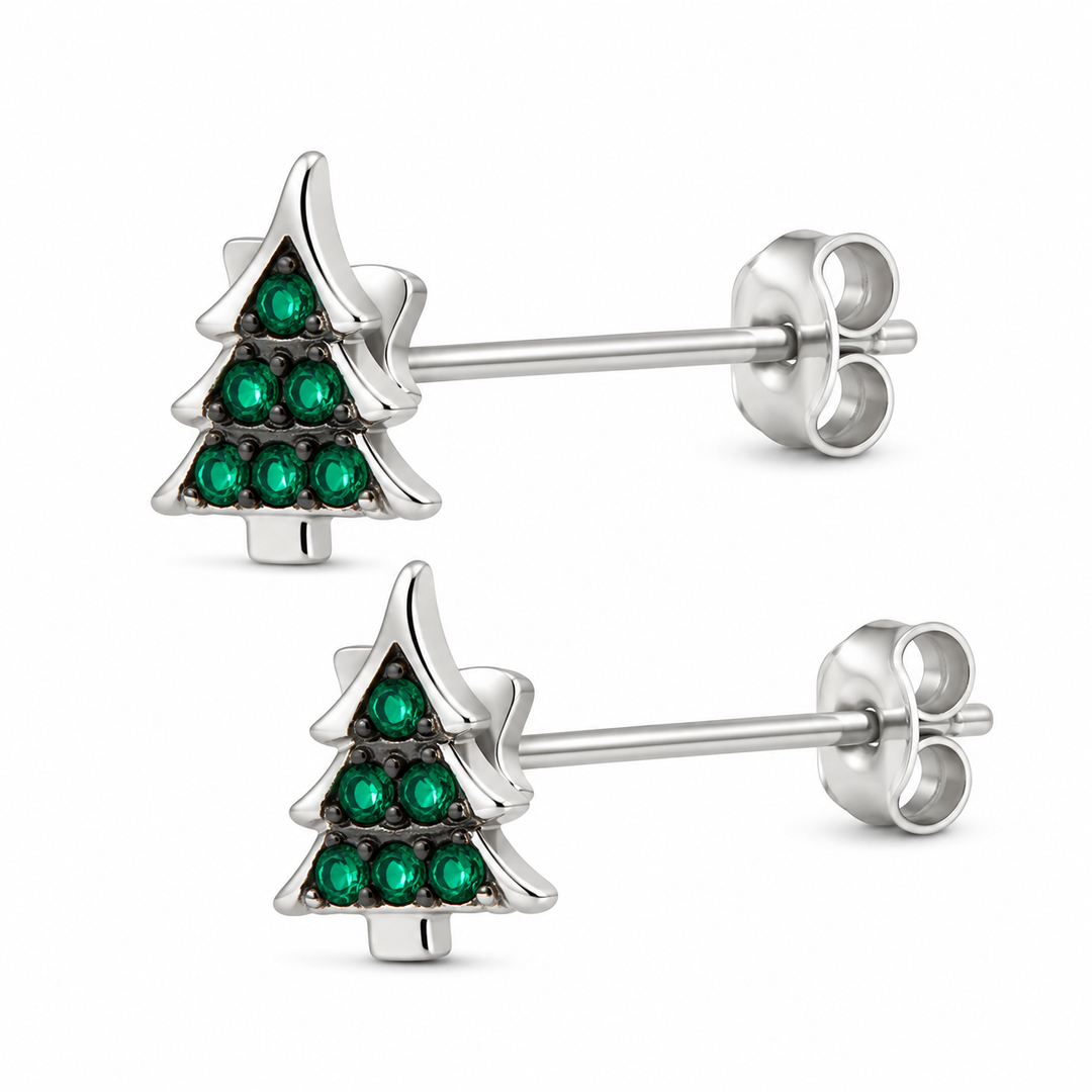 0.35 Inch Evergreen Sparkling Christmas Tree Sterling Silver Post Earrings