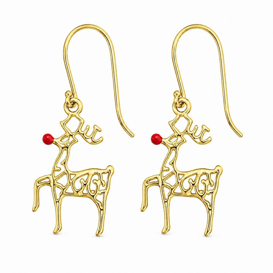 14K Gold Over Sterling Silver Rudolph Red-Nose Reindeer Dangle Earrings – 0.75 Inch
