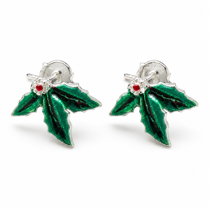 0.4 Inch Sterling Silver Green Enamel Holly Leaf Christmas Stud Earrings